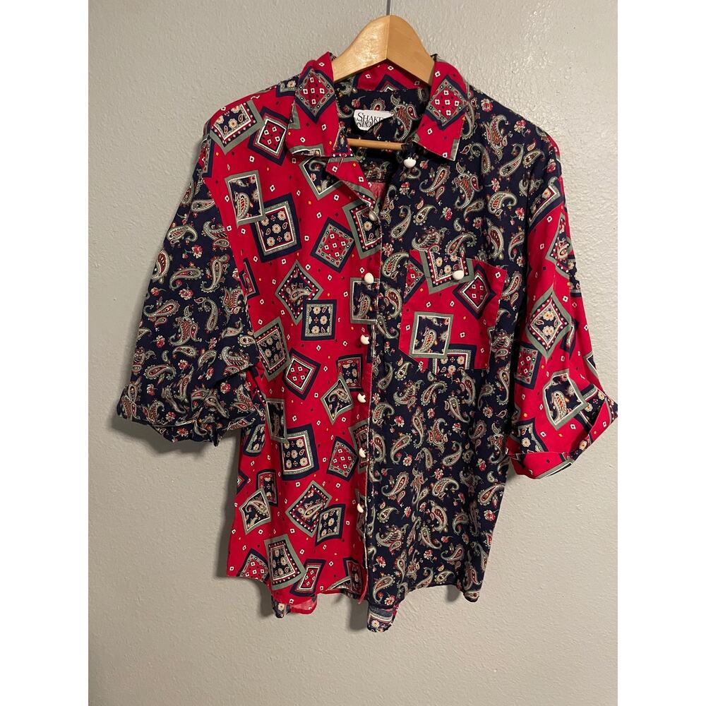 Vintage Shaker Sport Top Womens Size XL Paisley Bandana Button Up Western 90s